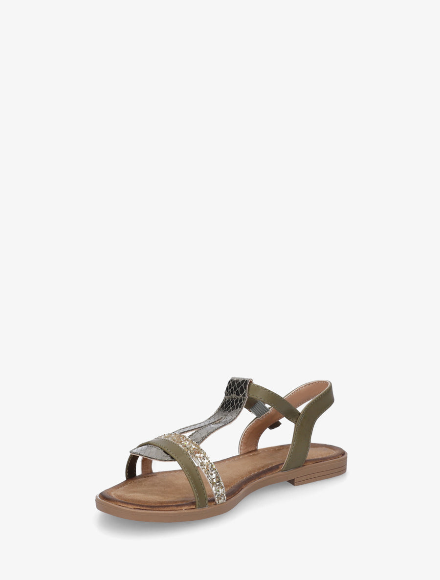 Nu-pieds en simili à brides effet python et pailleté - Kaki - 3