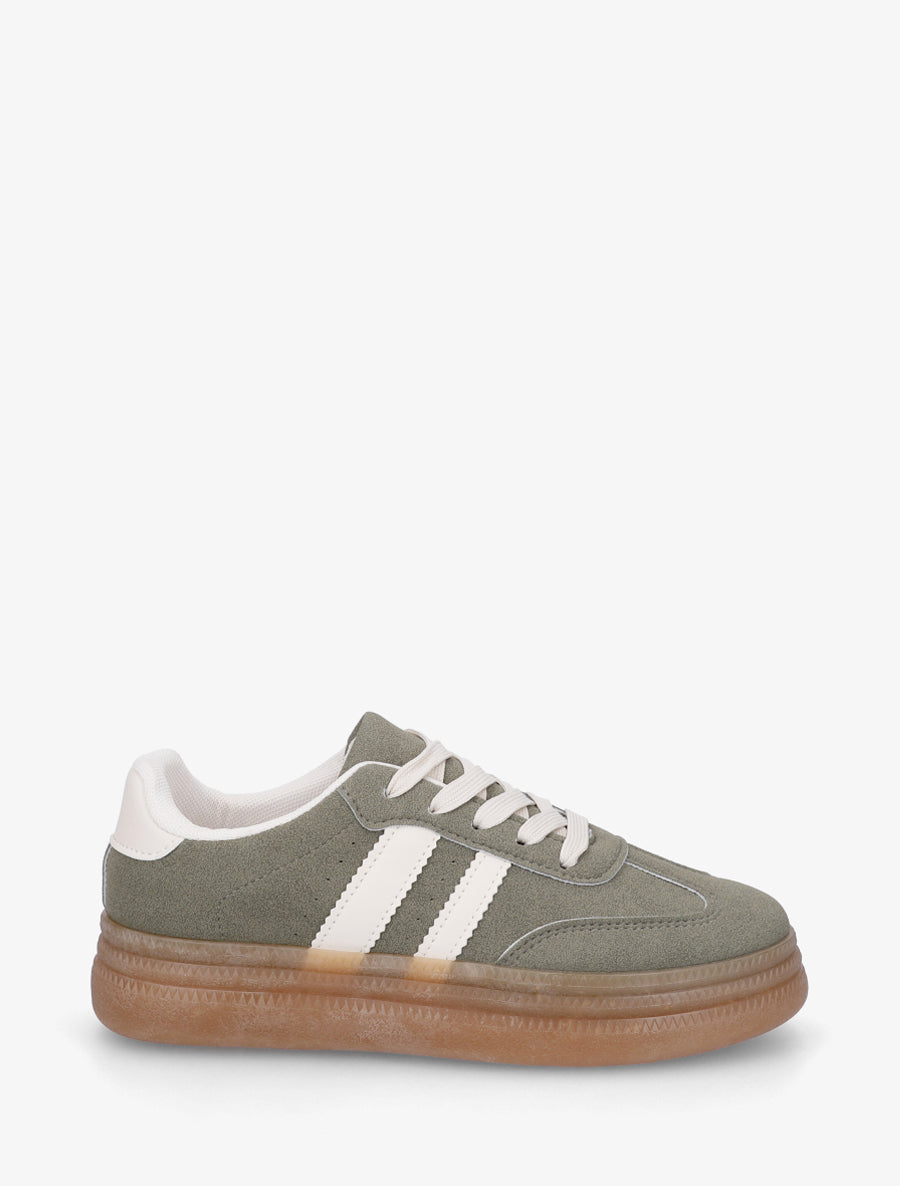 Sneakers plates effet nubuck à bandes contrastantes - Kaki - 1