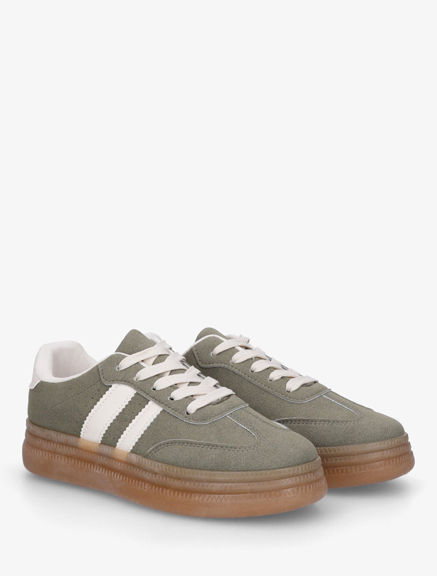Sneakers plates effet nubuck à bandes contrastantes - Kaki - 4