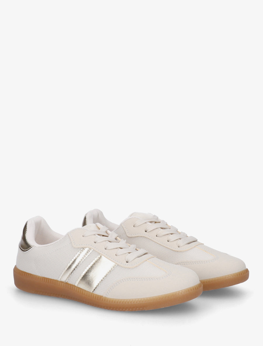 Sneakers plates en tissu à bandes contrastantes - Beige - 4