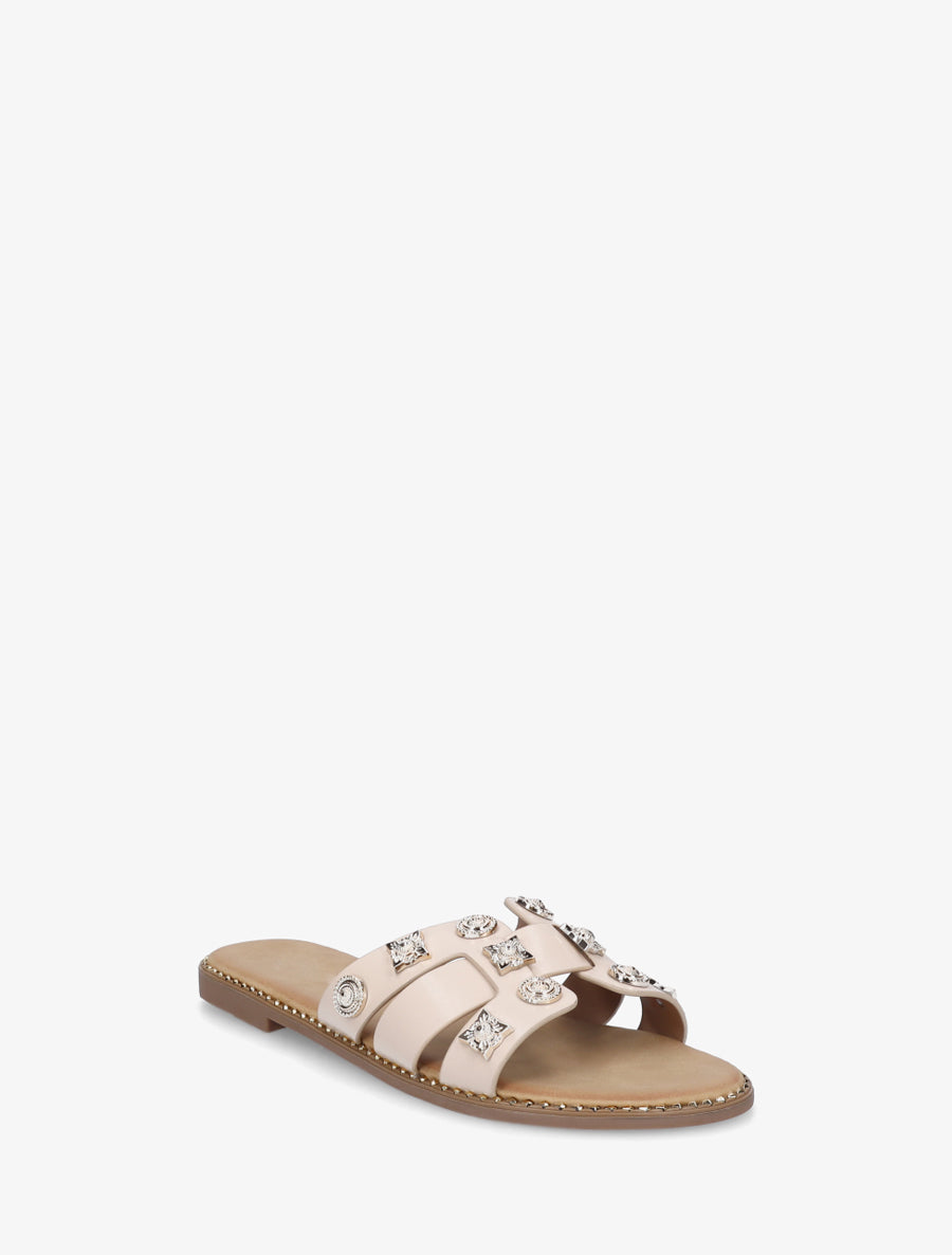 Mules plates en simili à clous fantaisies - Beige - 2
