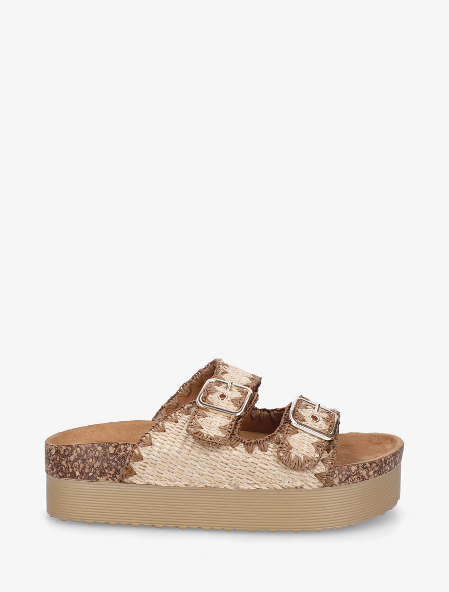 Claquettes en raphia à couture contrastantes - Beige - 1