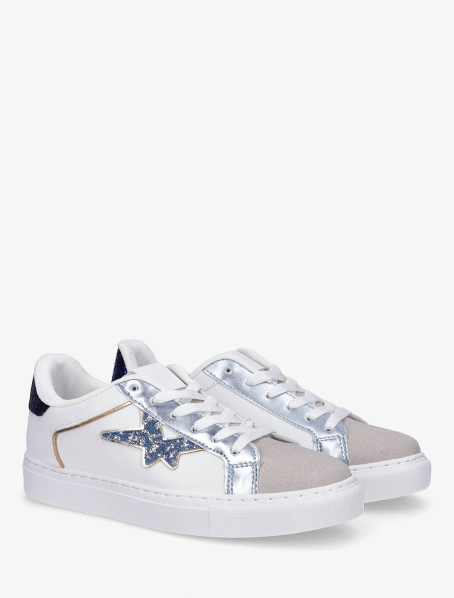 Baskets en simili et suédine à étoile pailletée - Bleu denim - 4