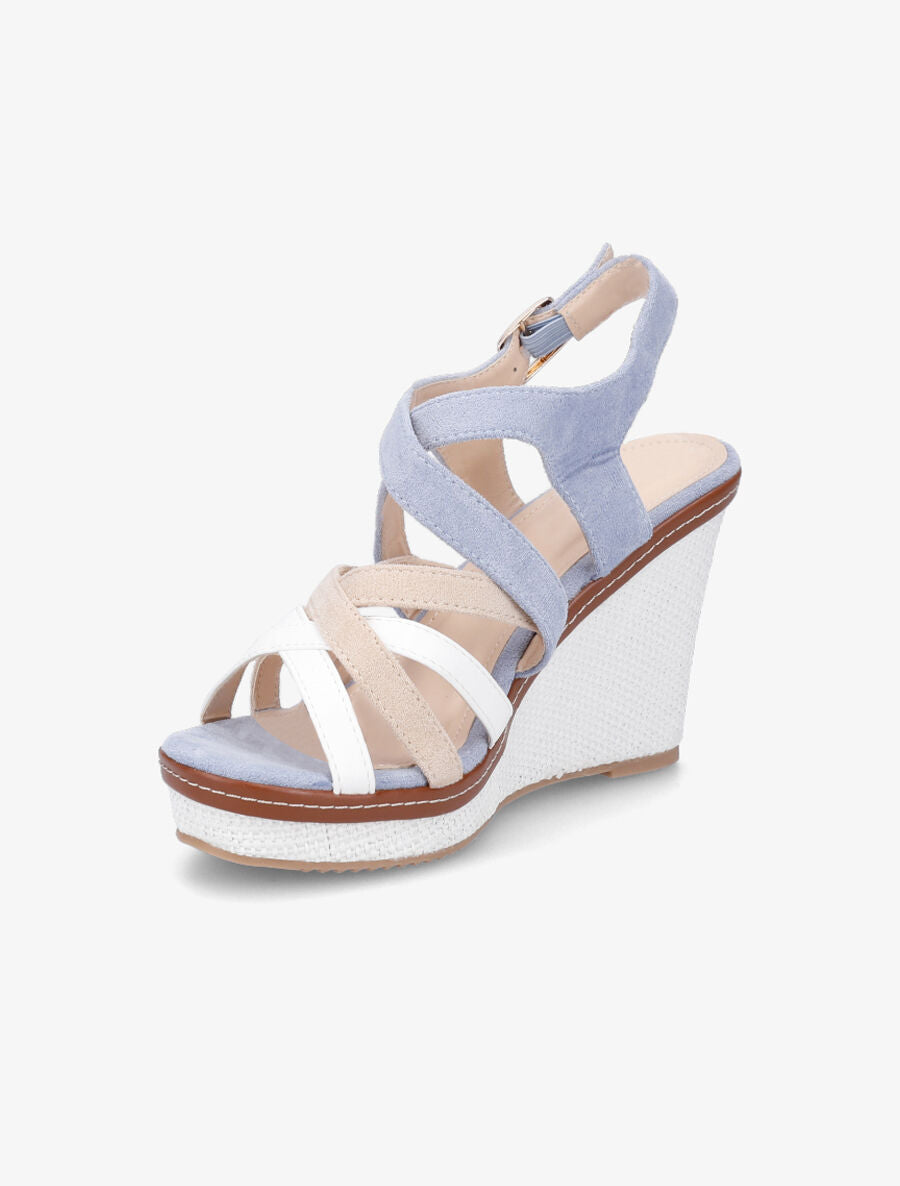 Sandales compensées en suédine et simili - Bleu - 3