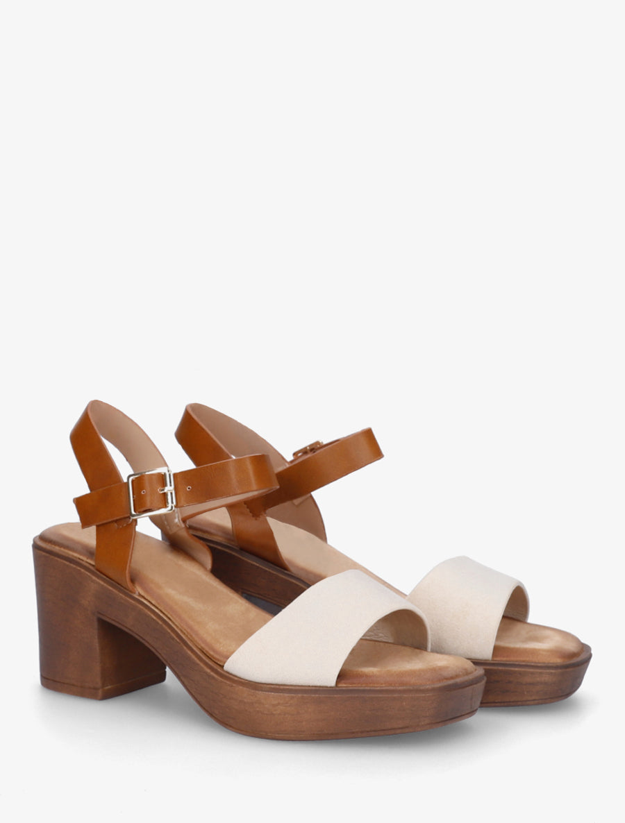 Sandales bi-matière à talon carré - Beige - 4