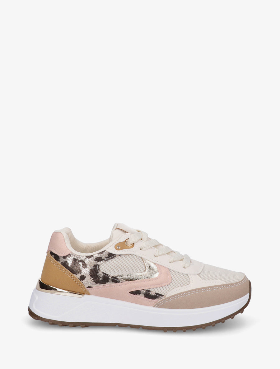 Baskets bi-matière imprimé léopard - Rose/beige - 1