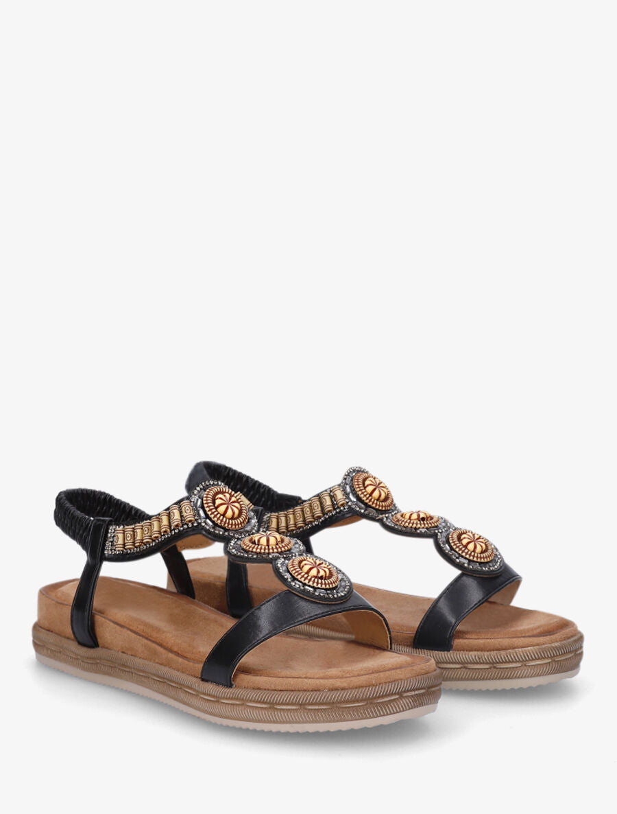Nu-pieds à empiècement strass et perles en bois - Noir - 5