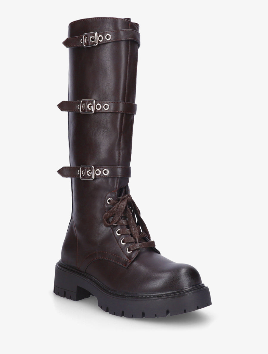 Bottes en simili à triple sangles - Marron - 2