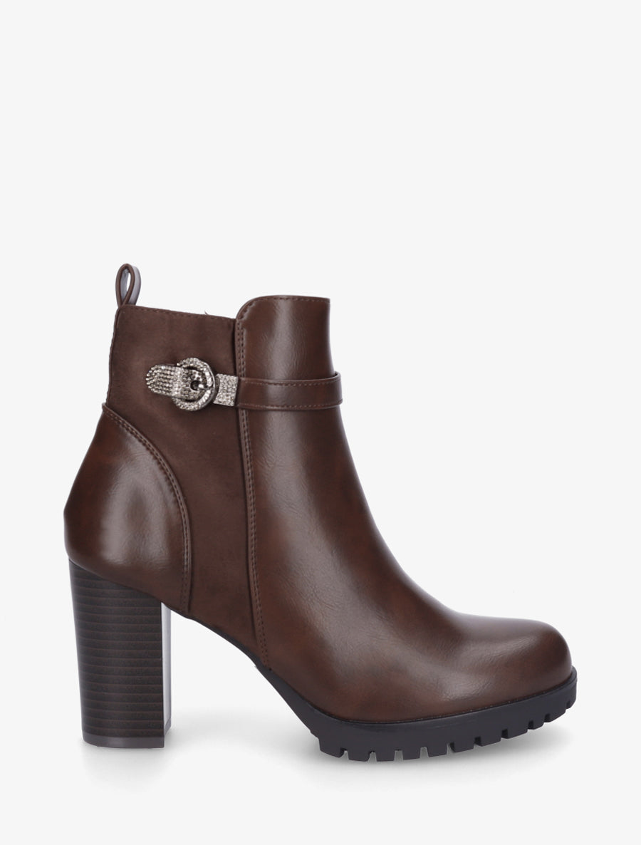 Bottines bi-matière à boucle strassée - Marron - 1