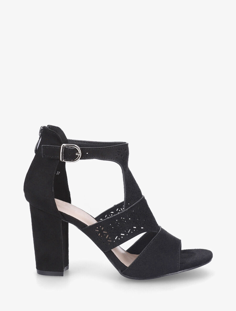 Sandales à talon et bride ajourée en suédine - Noir - 2