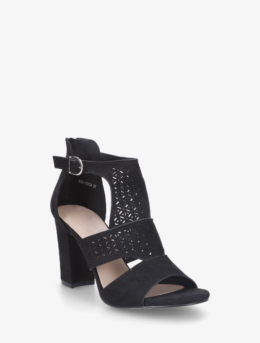 Sandales à talon et bride ajourée en suédine - Noir - 3