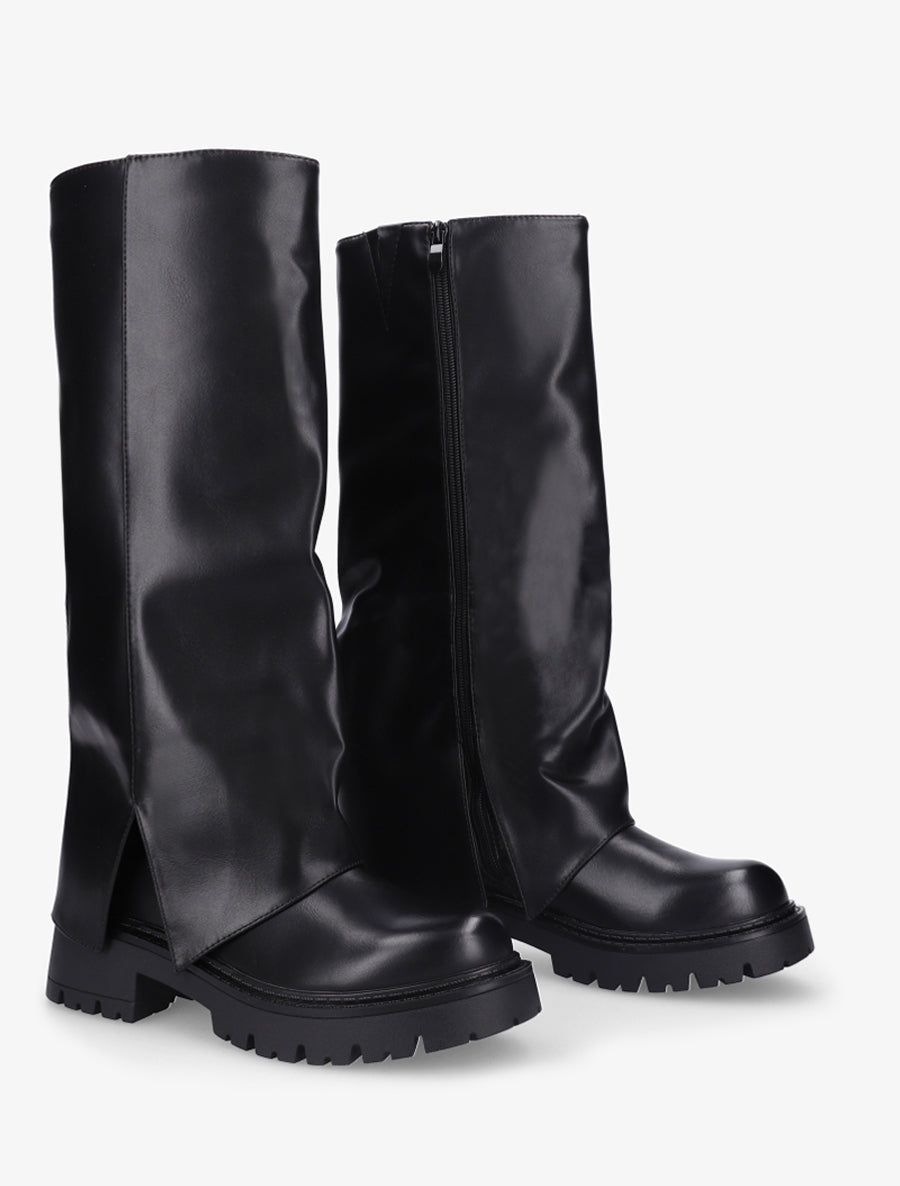 Bottes à revers et bout rond en simili - Noir - 4