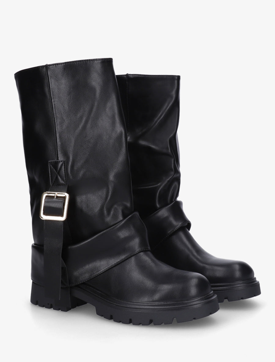Bottines à revers et sanglées en simili - Noir - 4