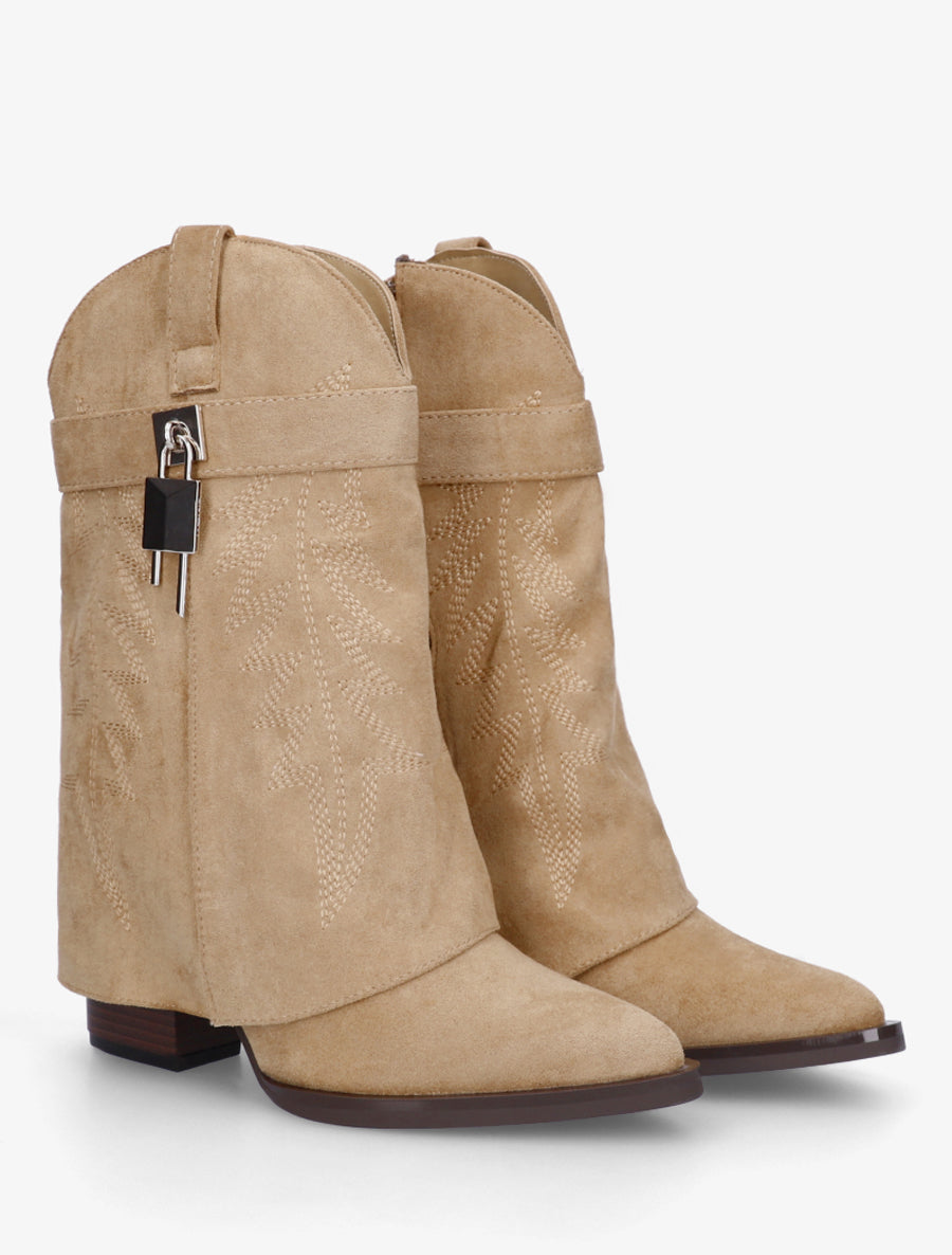 Bottines style santiags brodées à cadenas - Taupe - 4