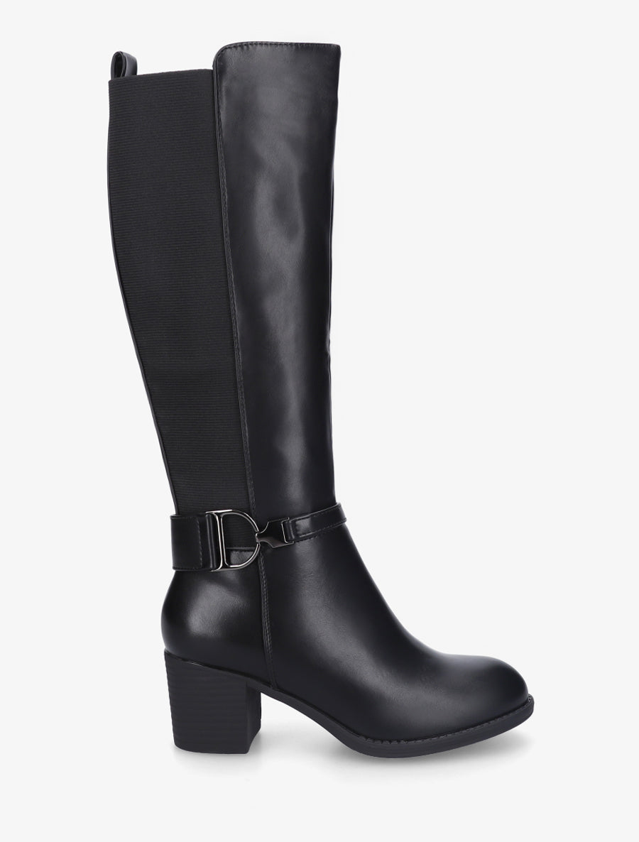 Bottes élastiquées à talon en simili - Noir - 1