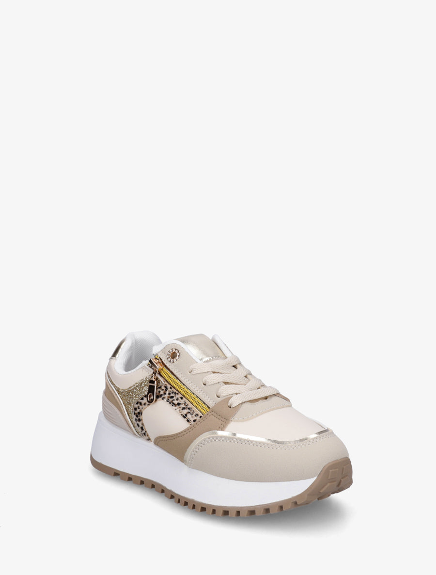 Sneakers à zip décoratif et bandes dépareillés - Beige - 2