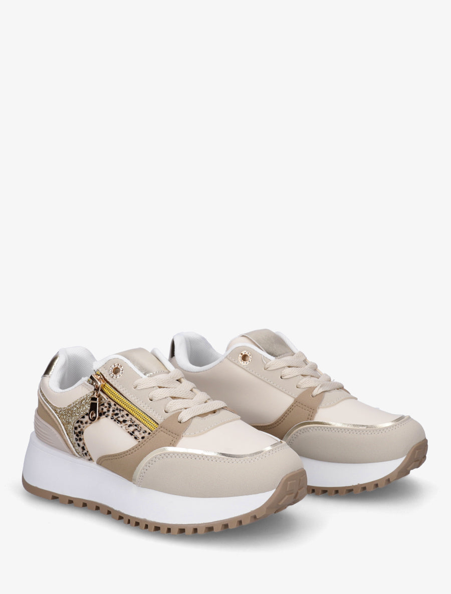 Sneakers à zip décoratif et bandes dépareillés - Beige - 4