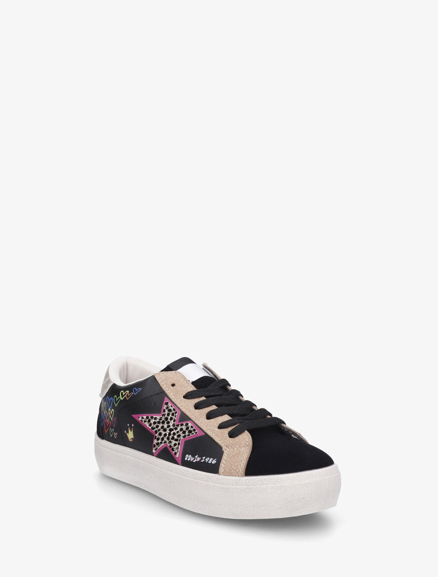 Sneakers floqués à semelle effet vintage - Noir - 2