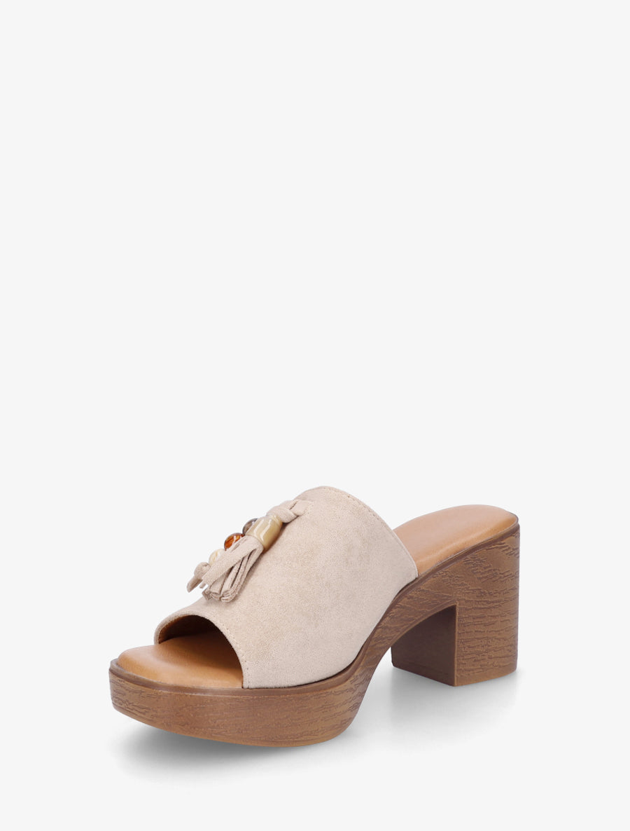 Mules à talon effet bois et empiècement pierres - Beige - 3