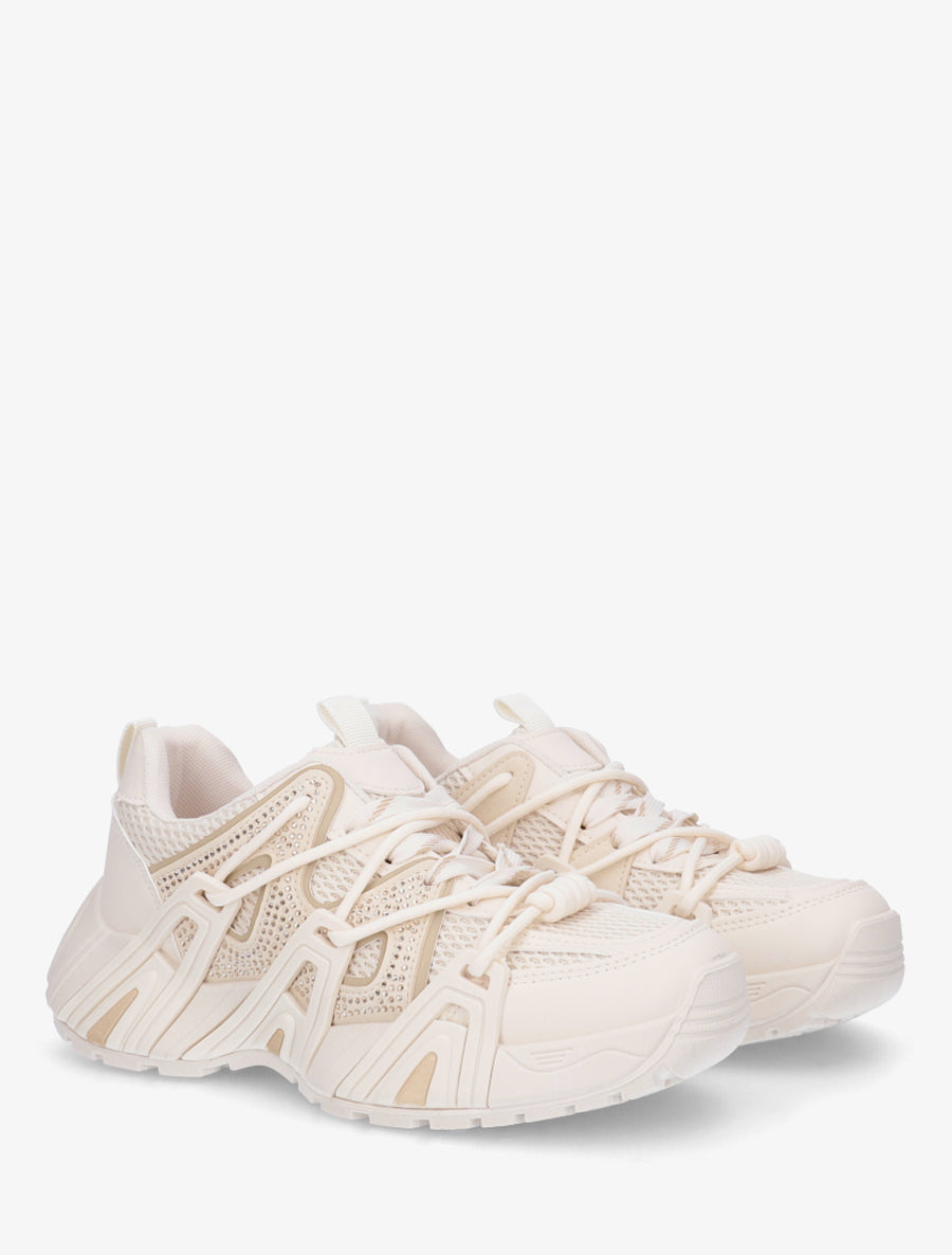 Baskets en simili à empiècement toile - Beige - 4