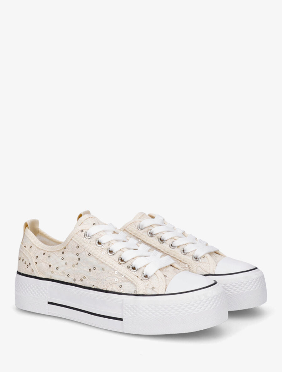 Sneakers à plateforme et sequins - Beige - 4