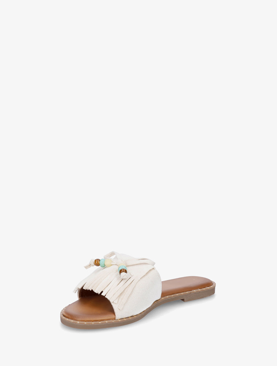 Mules plates à franges et perles en suédine - Beige - 3