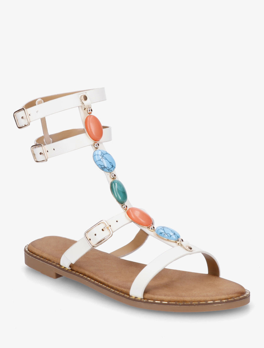 Sandalias estilo espartano con piedras - Blanco