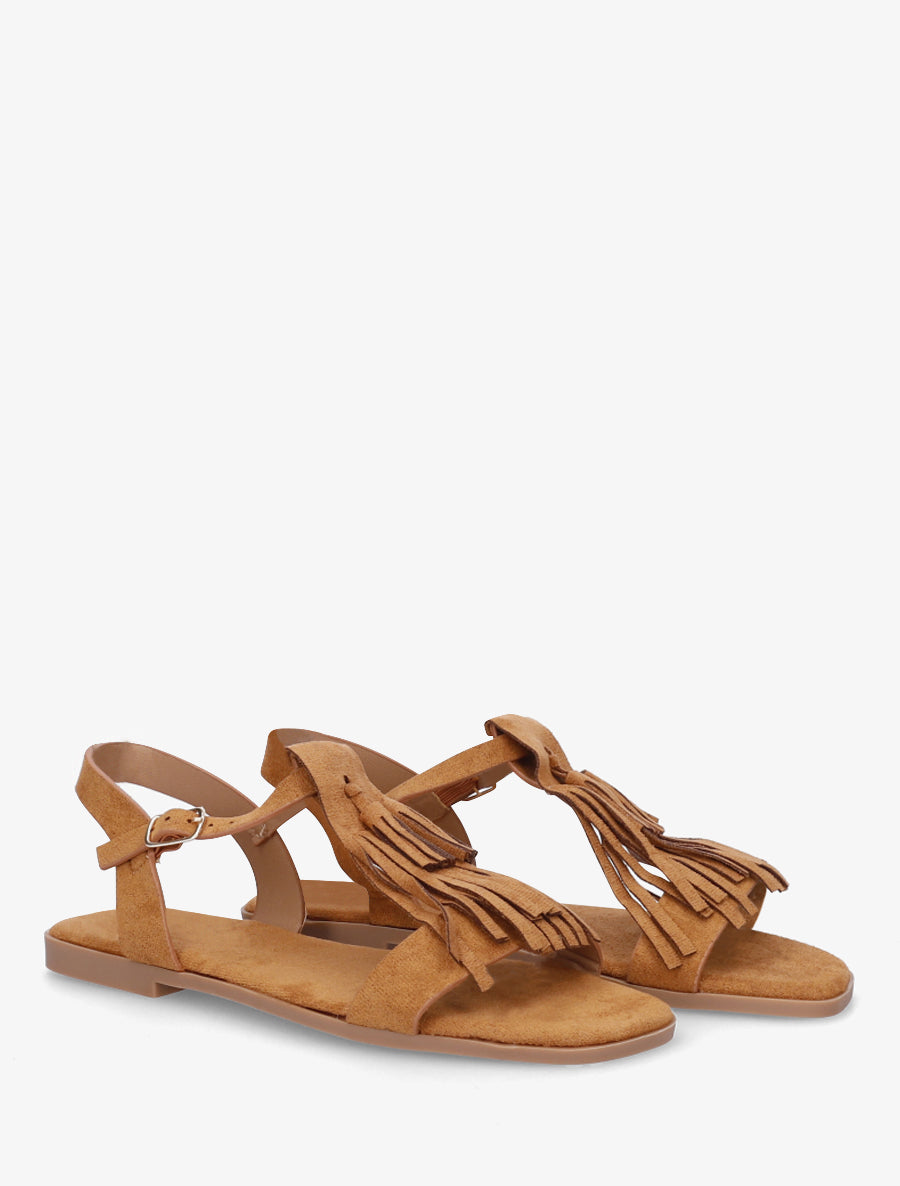 Sandales en suédine à franges - Camel - 4