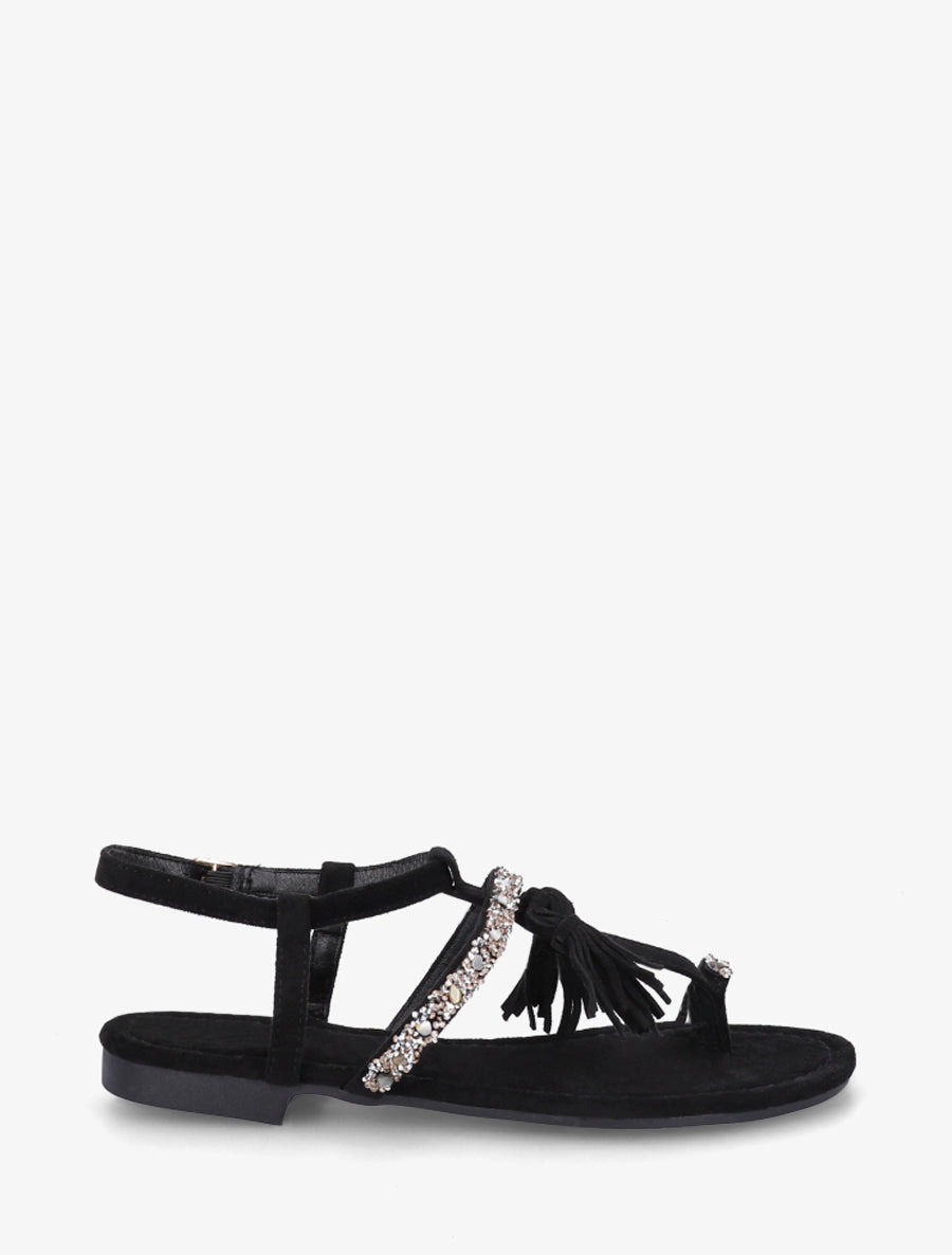Nu-pieds en suédine à strass et pierres - Noir - 1