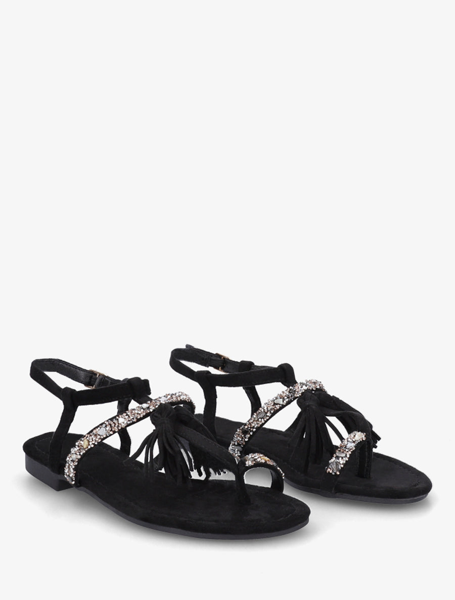 Nu-pieds en suédine à strass et pierres - Noir - 4
