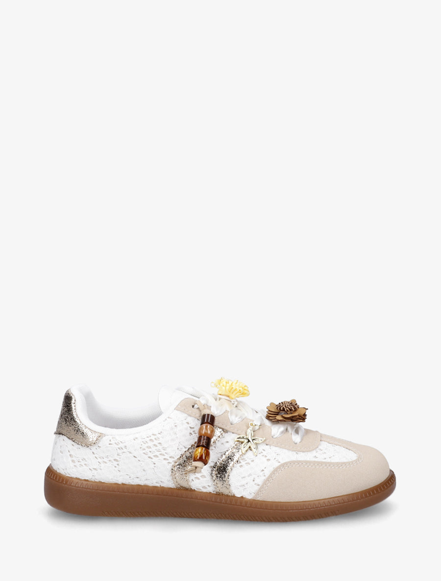 Sneakers à empiècement fleurs et bandes contrastantes - Blanc - 1
