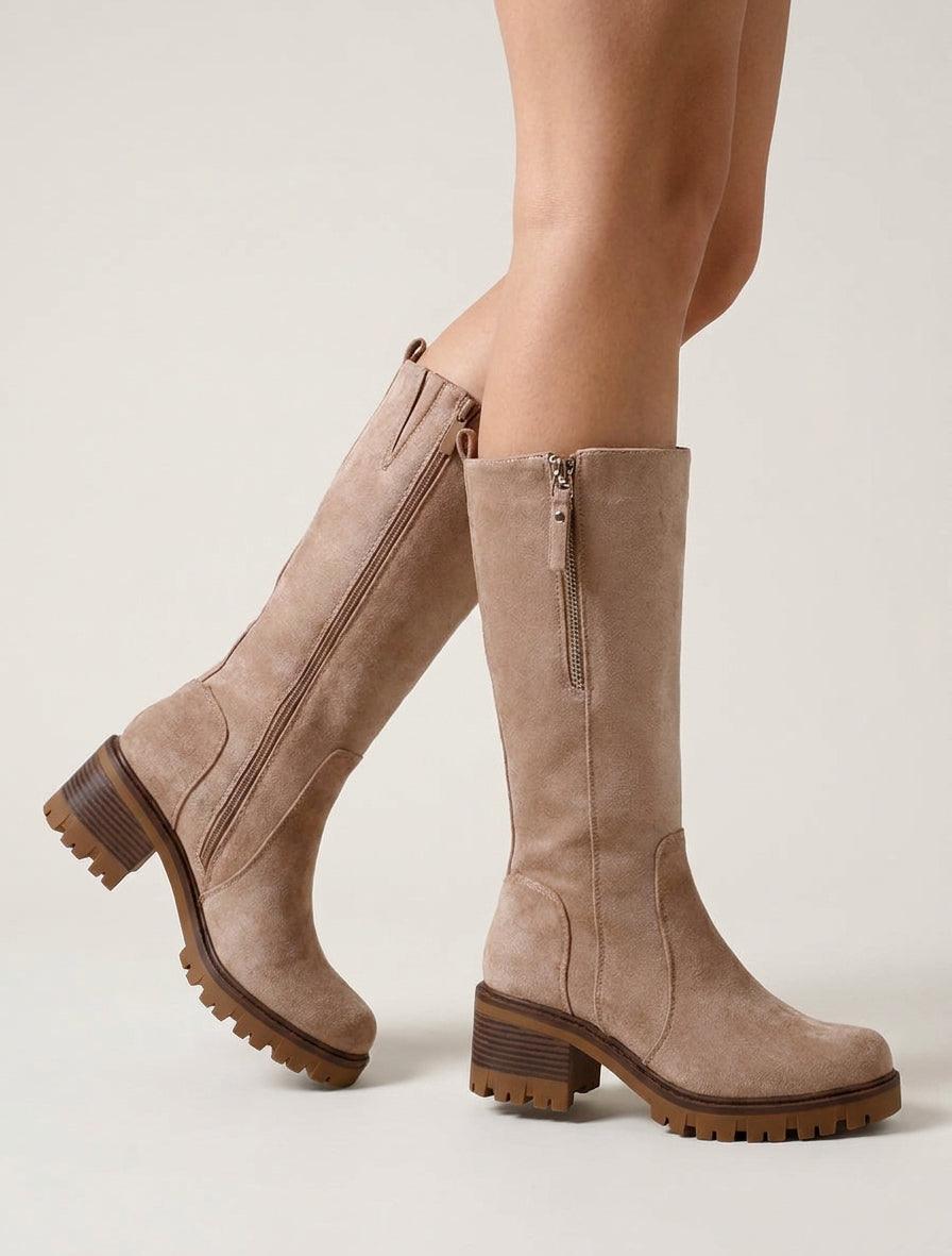 Botines lisas de gamuza con cremallera decorativa - Topo