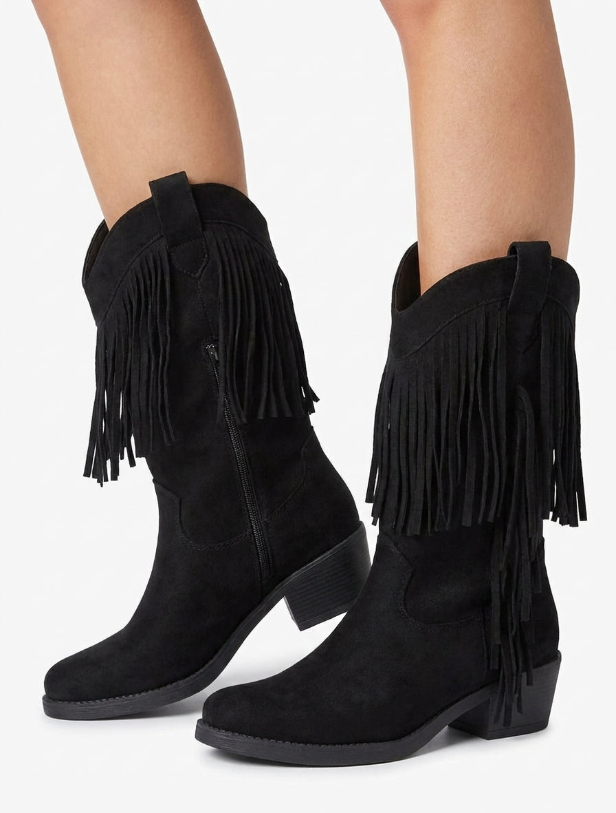 Botines estilo vaquero con flecos - Negro