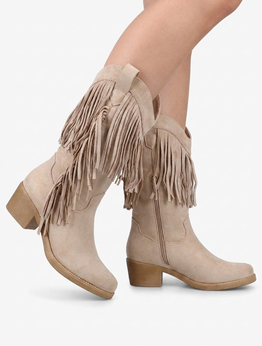 Botines estilo vaquero con flecos - Beis