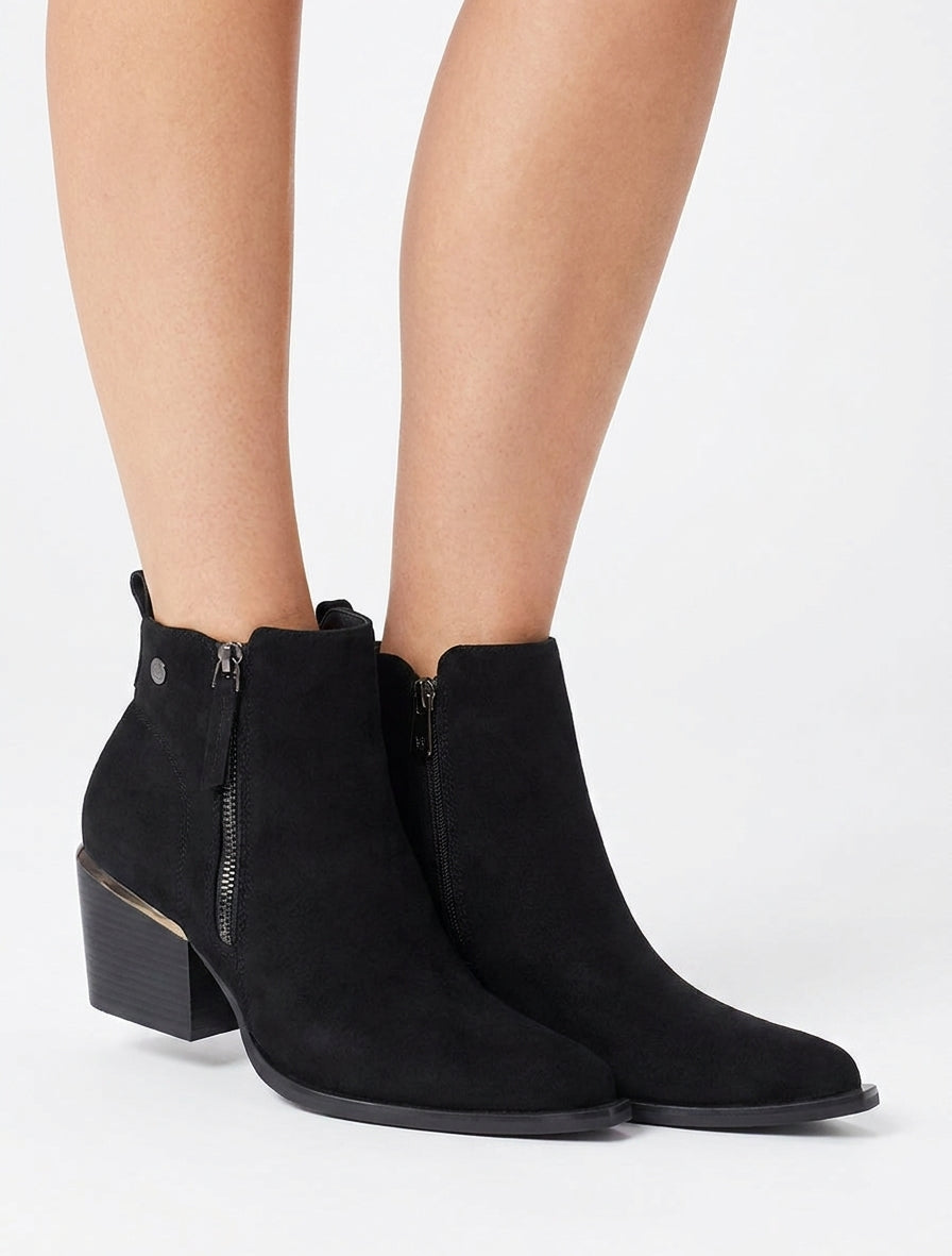 Botines de ante con cremallera decorativa y puntas puntiagudas. - Negro