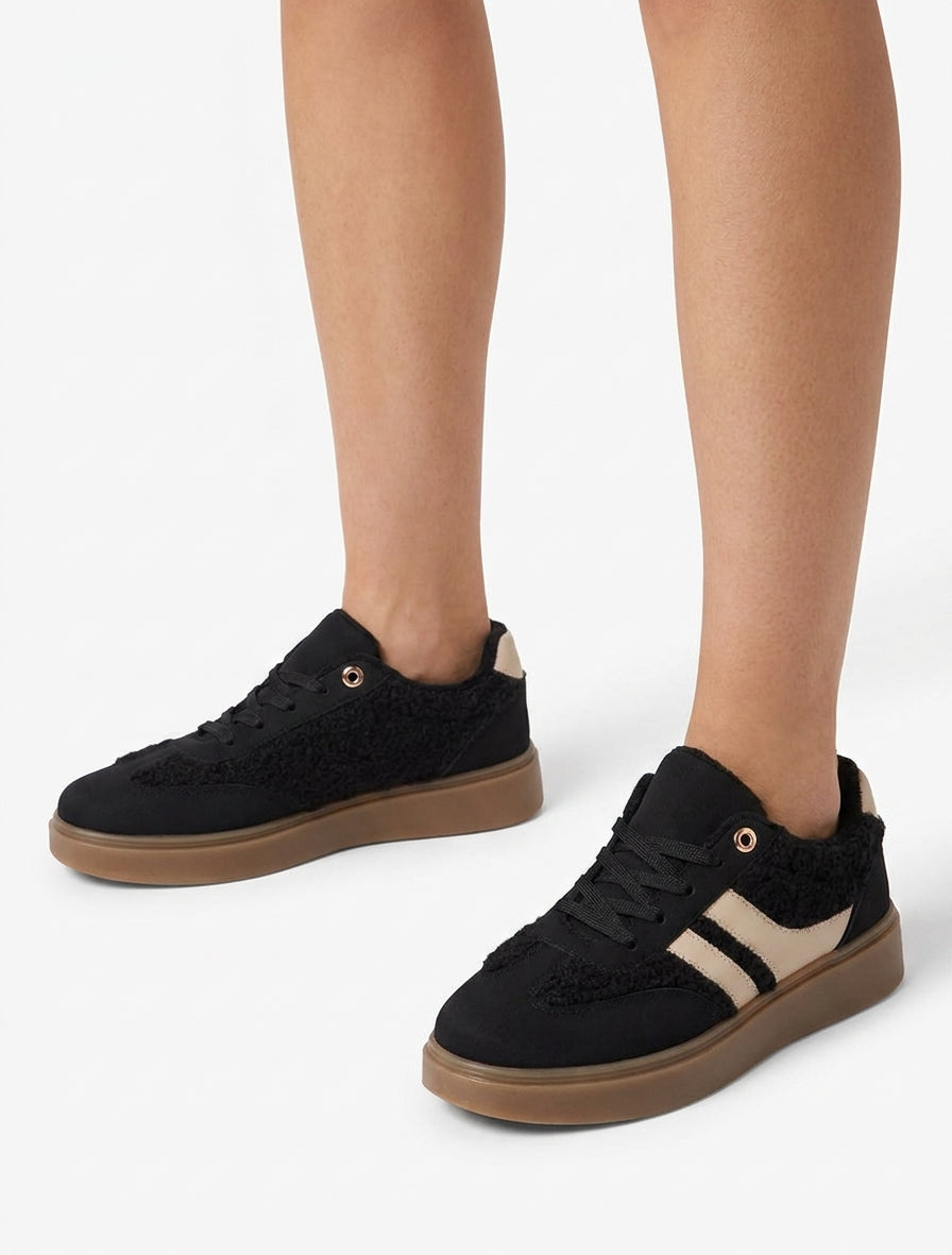 Zapatillas bajas con inserciones efecto lana rizada - Negro