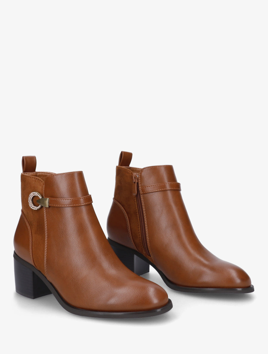 Bottines bimatière à boucle strassée - Camel - 4