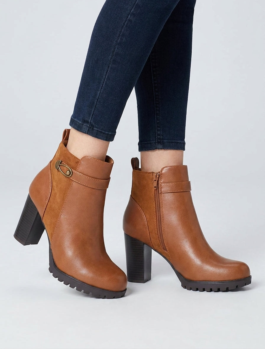 Botines con inserciones de ante y tacón alto - Camello
