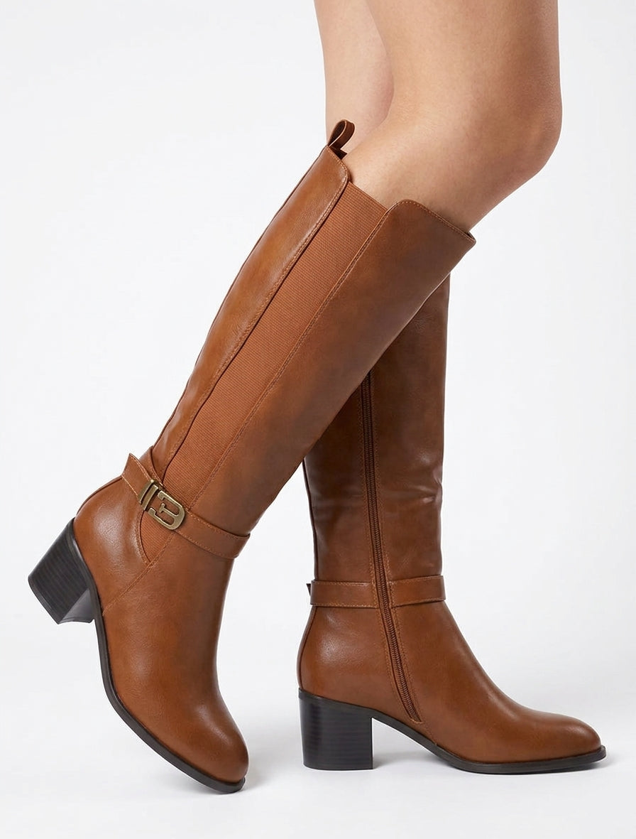 Botas elásticas de imitación con hebilla de fantasía - Camello
