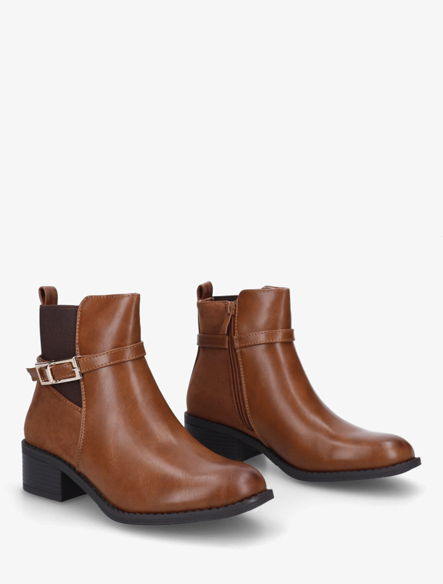 Bottines élastiquées bimatière à boucle métal - Camel - 4