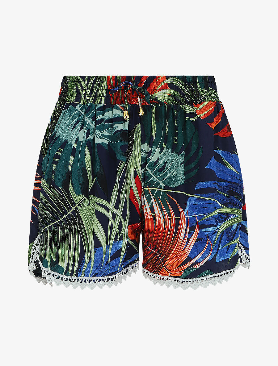 Short imprimé jungle tropicale à bords en crochet - Marine - 5