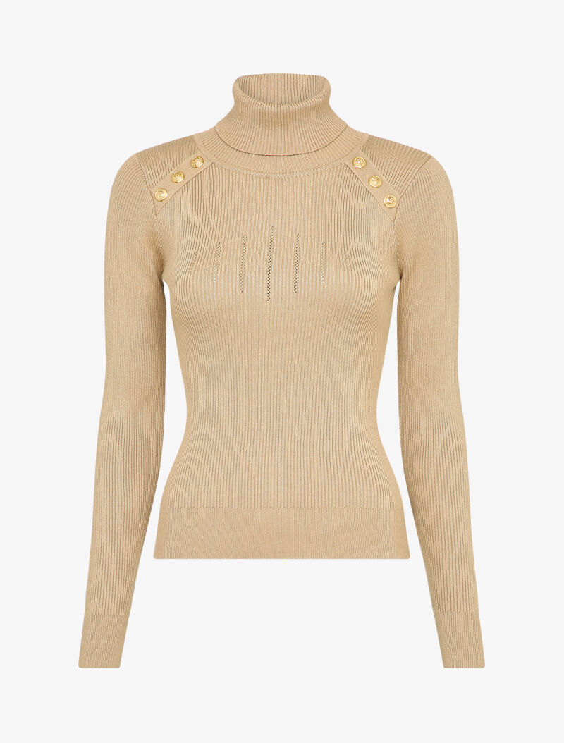 Pull côtelé à col roulé et boutons décoratifs - Beige - 1