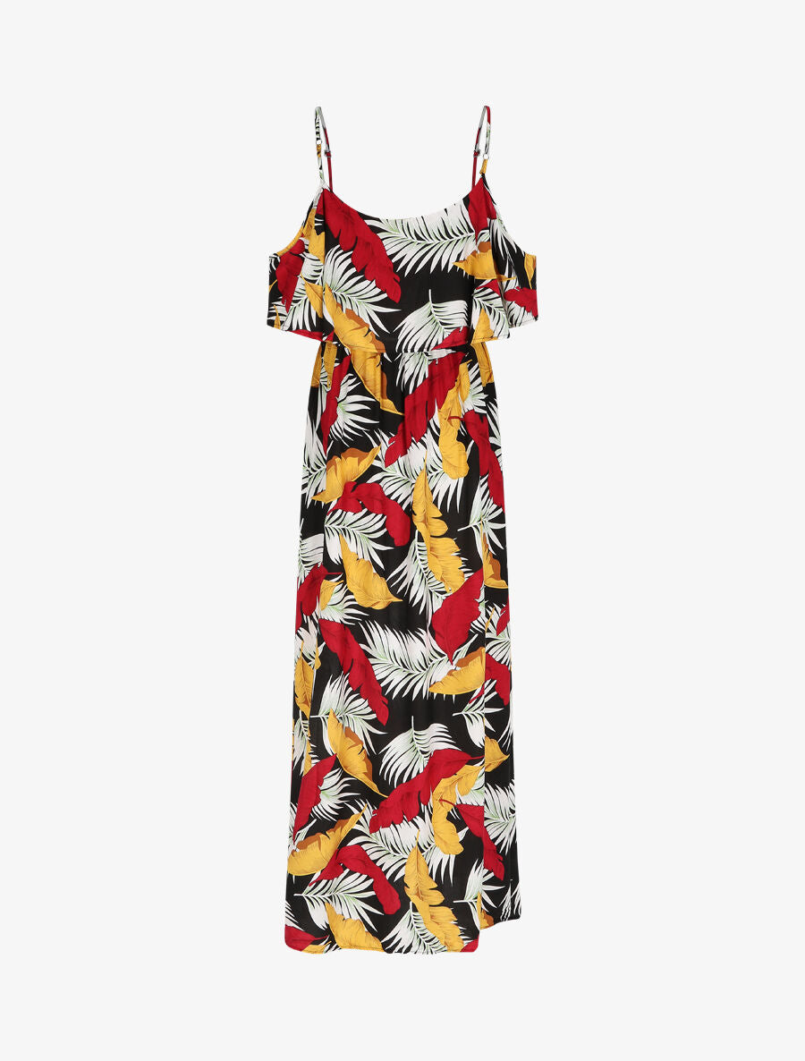 Robe longue à buste volanté imprimé feuilles - Noir - 2