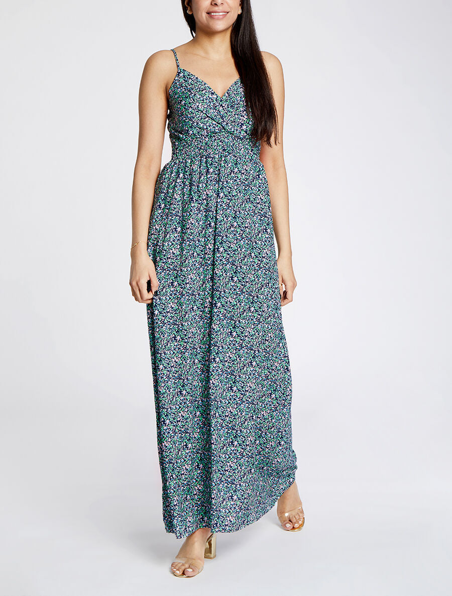 Robe longue à fines bretelles imprimé petites fleurs - Marine - 4