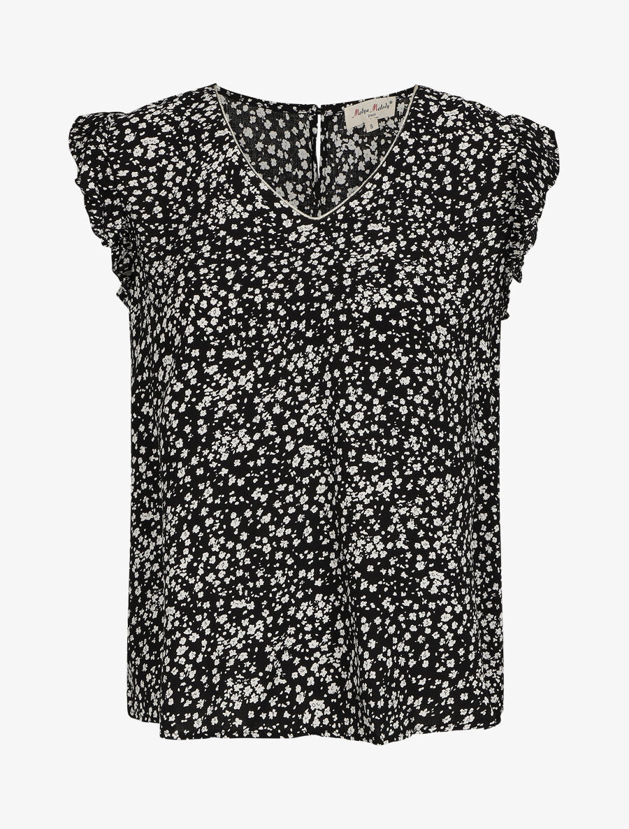 Blouse à imprimé petites fleurs et manches volantées - Noir - 1