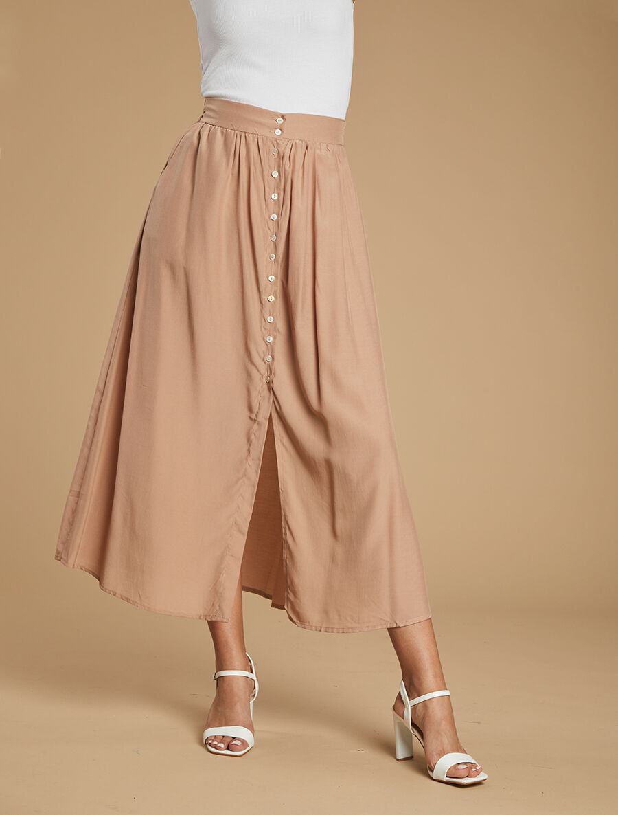 Jupe longue unie boutonnée - Beige - 4