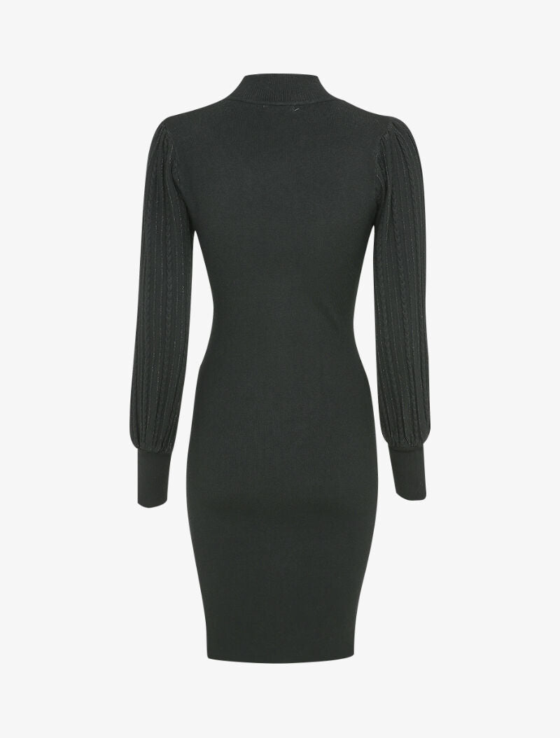 Robe pull à manches bouffantes en maille tressée - Noir - 2