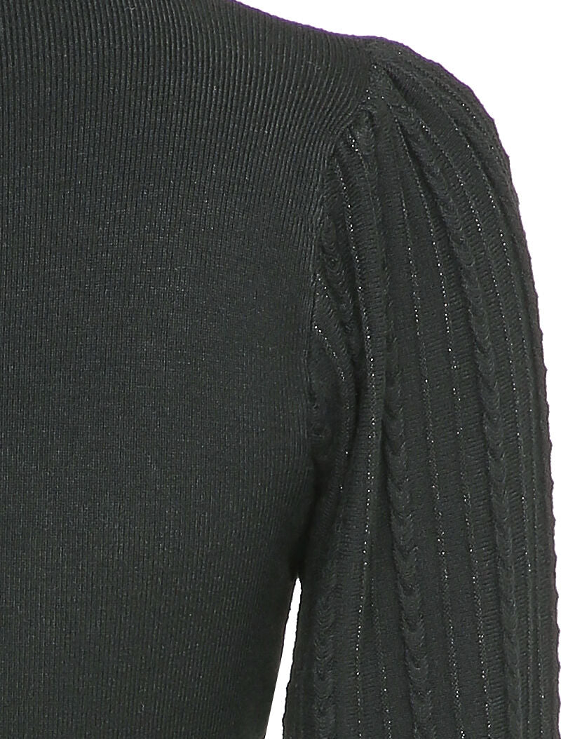Robe pull à manches bouffantes en maille tressée - Noir - 3