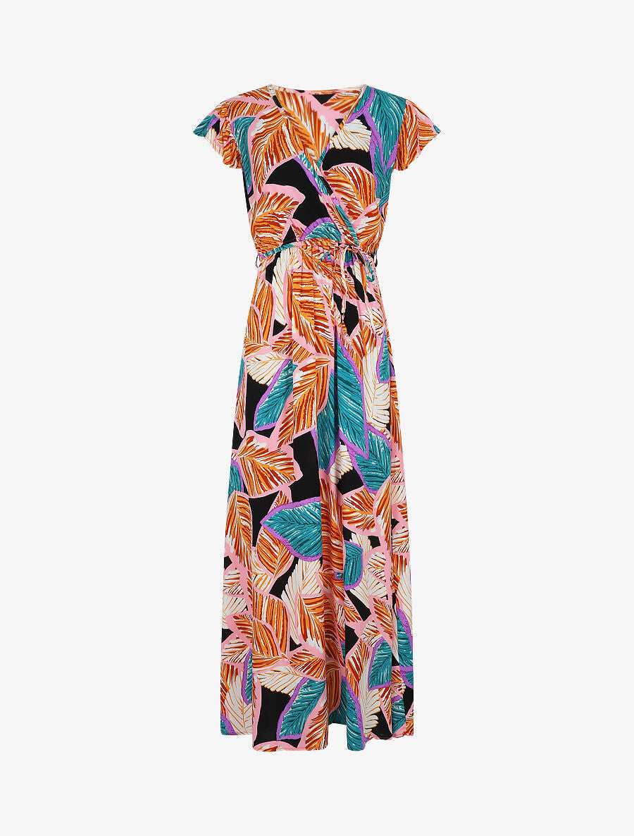 Robe longue coupe empire à imprimé feuillage - Bleu - 2