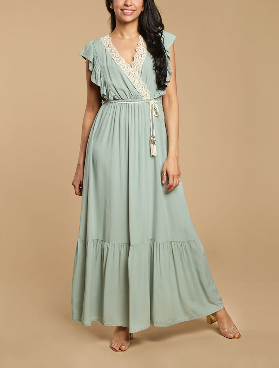 Robe longue coupe empire à détail dentelle - Vert d&